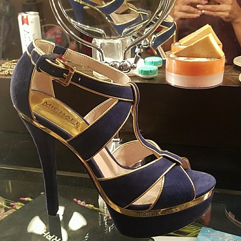 Michael Kors  blue with gold trim platform heels